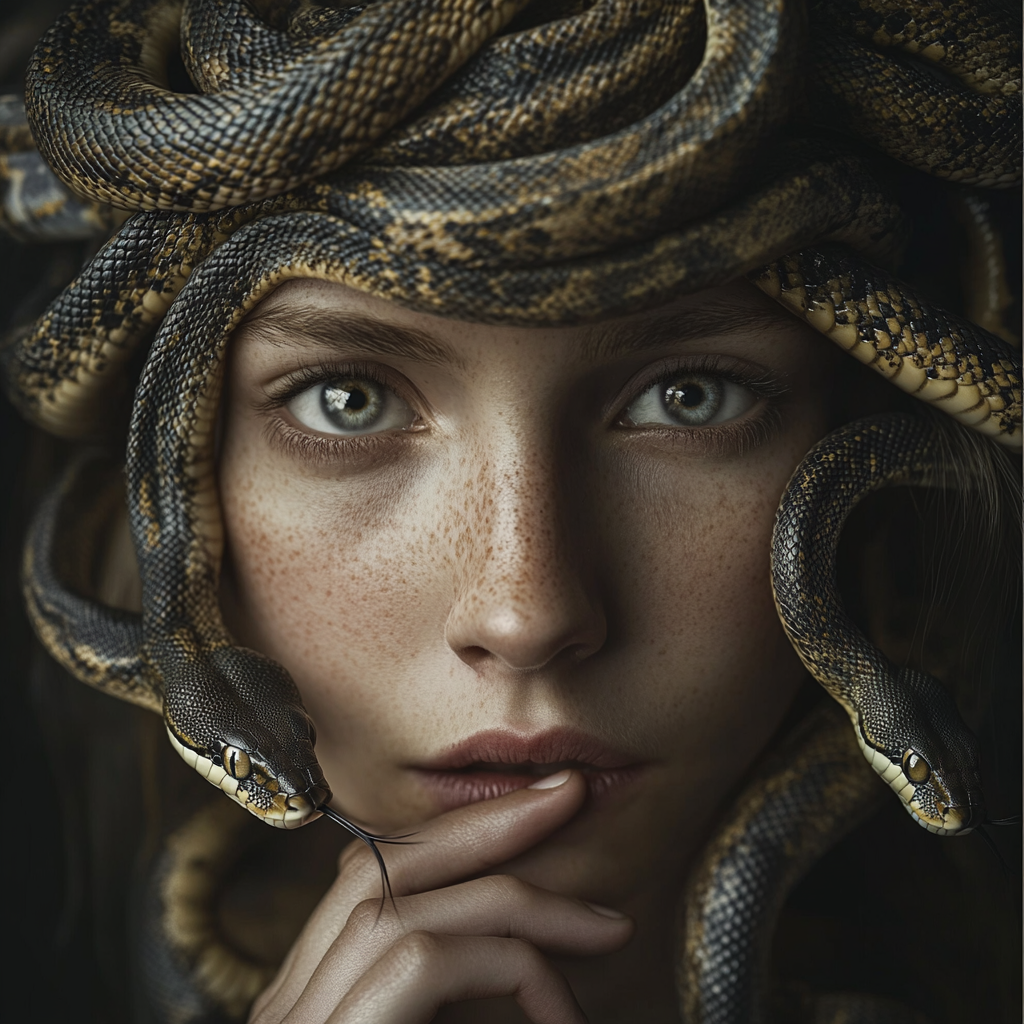 Girl with snake hair, hand under chin, detailed snakes.