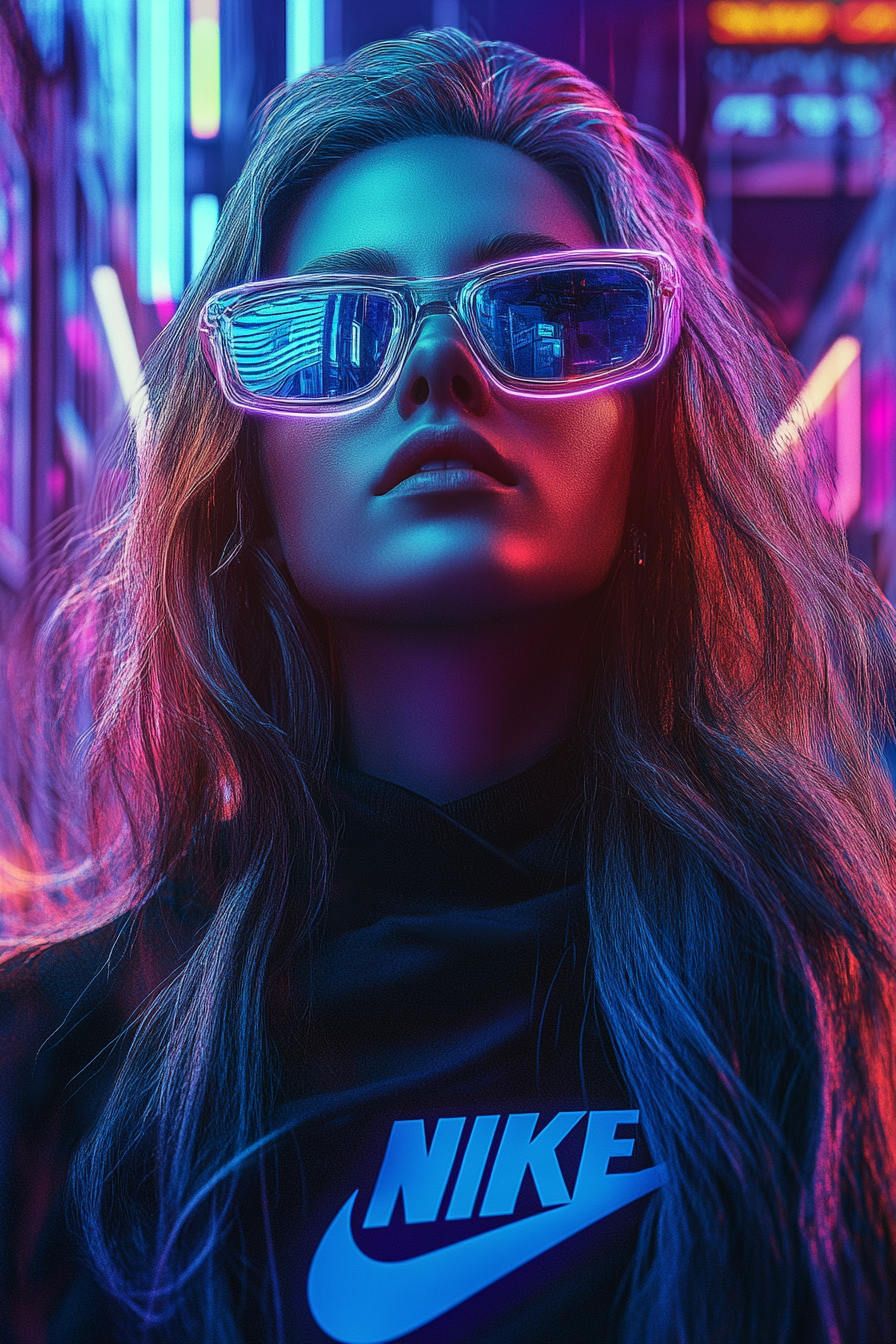 Girl with sunglasses, Nike shoes in surreal anime world.