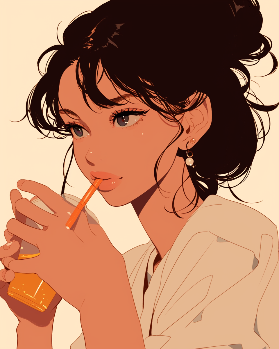 Girl with tea in hands, anime style portrait.