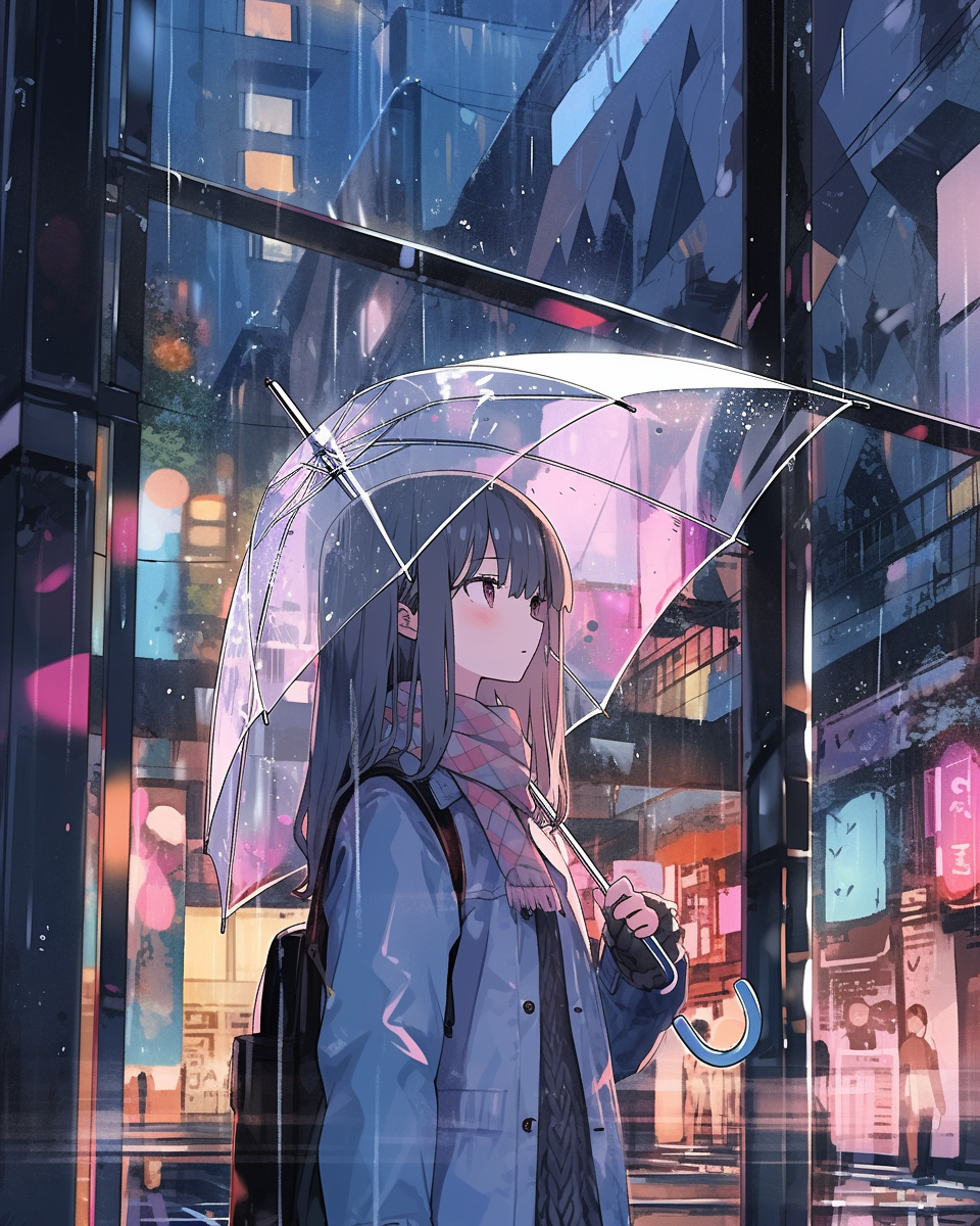 Girl with umbrella in anime style, waiting outside building.