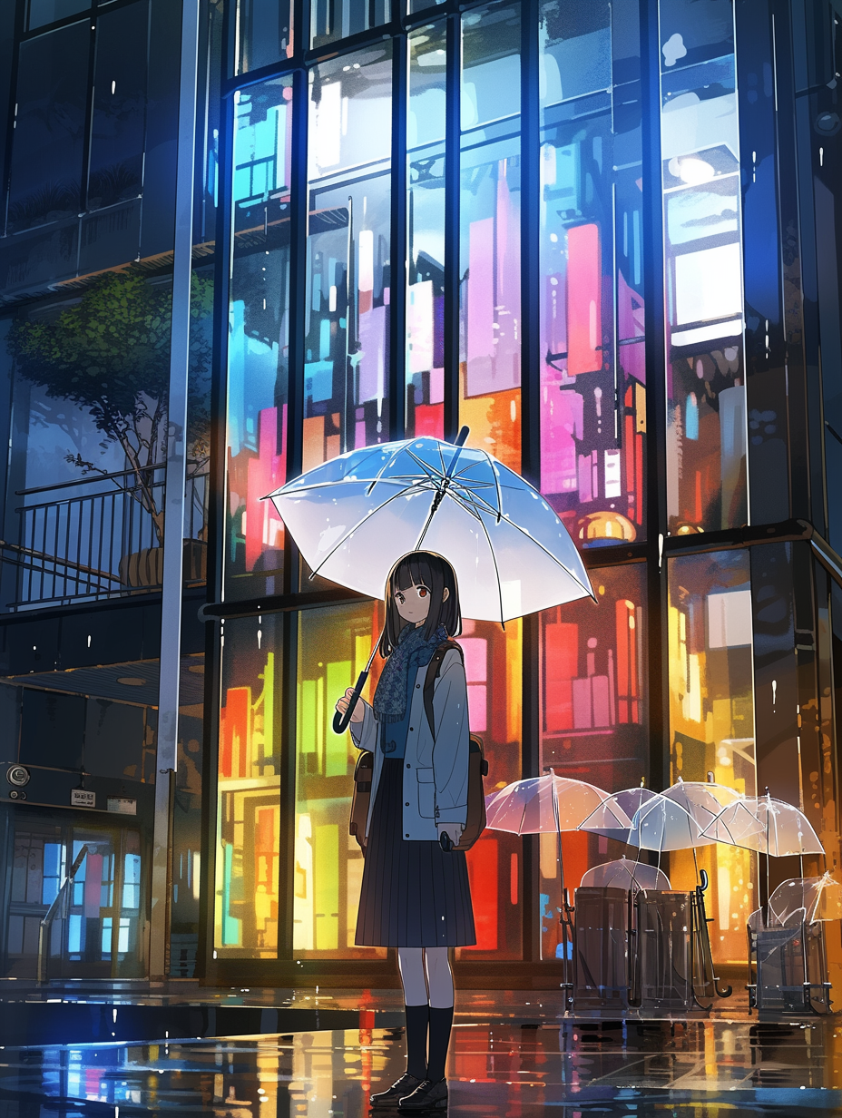 Girl with umbrella in anime style at building entrance.