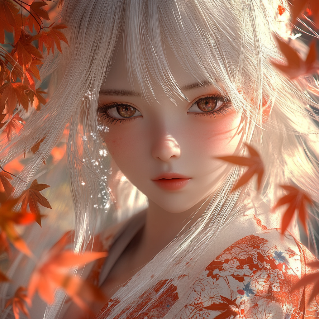 Girl with white hair in Japanese kimono, realistic 3D.