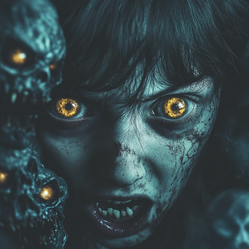 Girl with yellow eyes surrounded by evil demons.