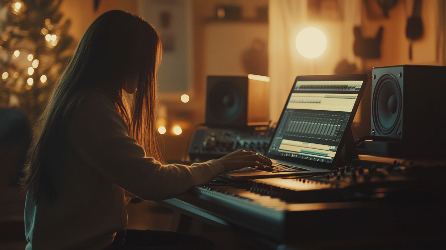 Girl working on laptop with audio program, cinematic lighting.