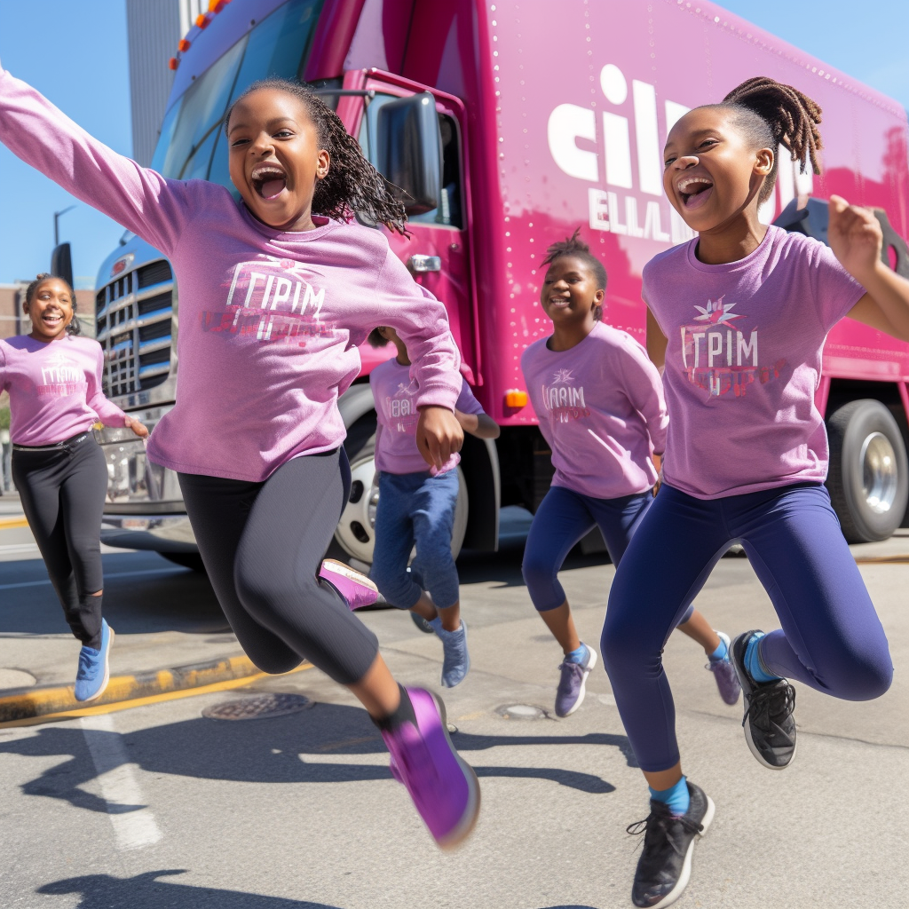 Girls jumping rope near clean Ecilimp sanitation truck. Sunny.