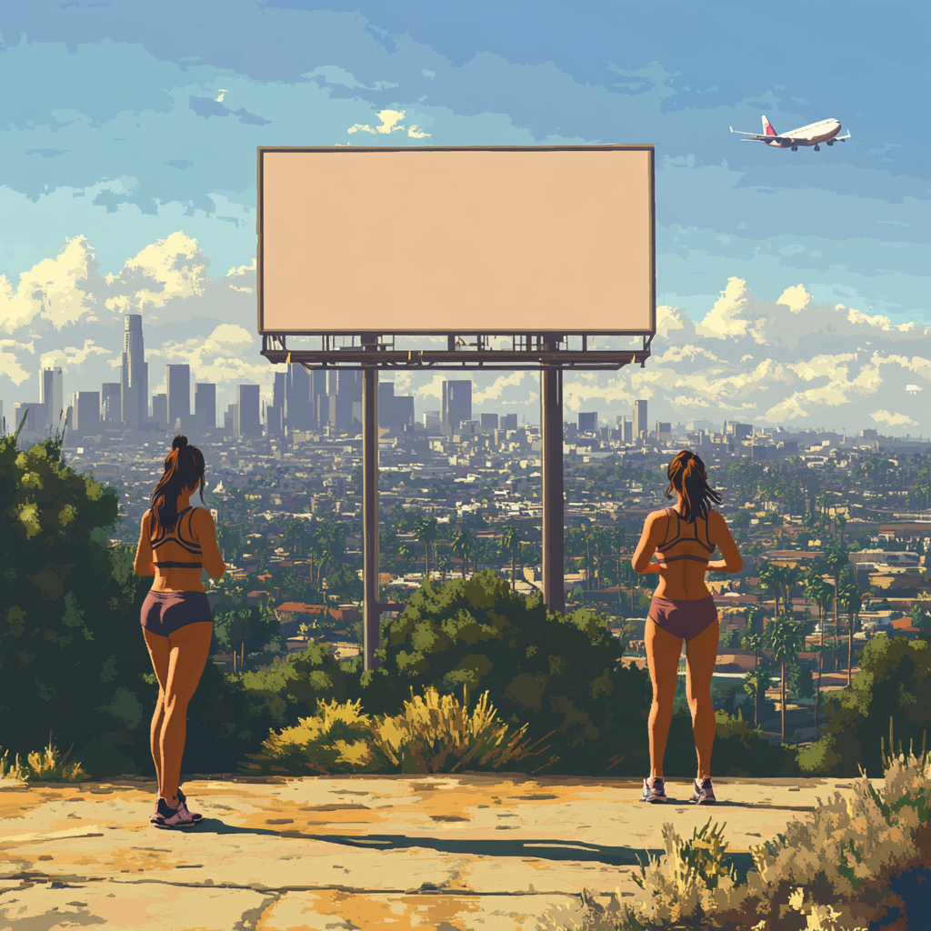 Girls working out in LA with blank billboard