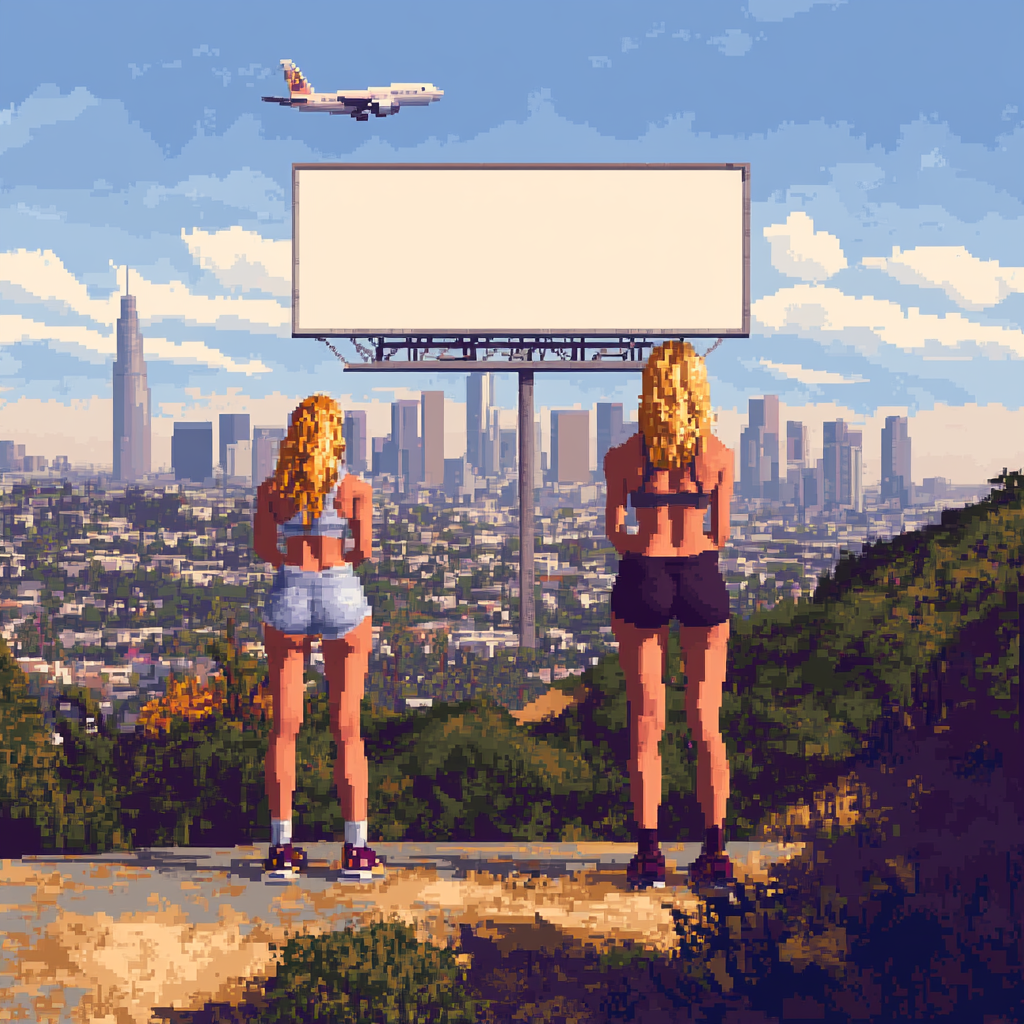 Girls working out with billboard and plane