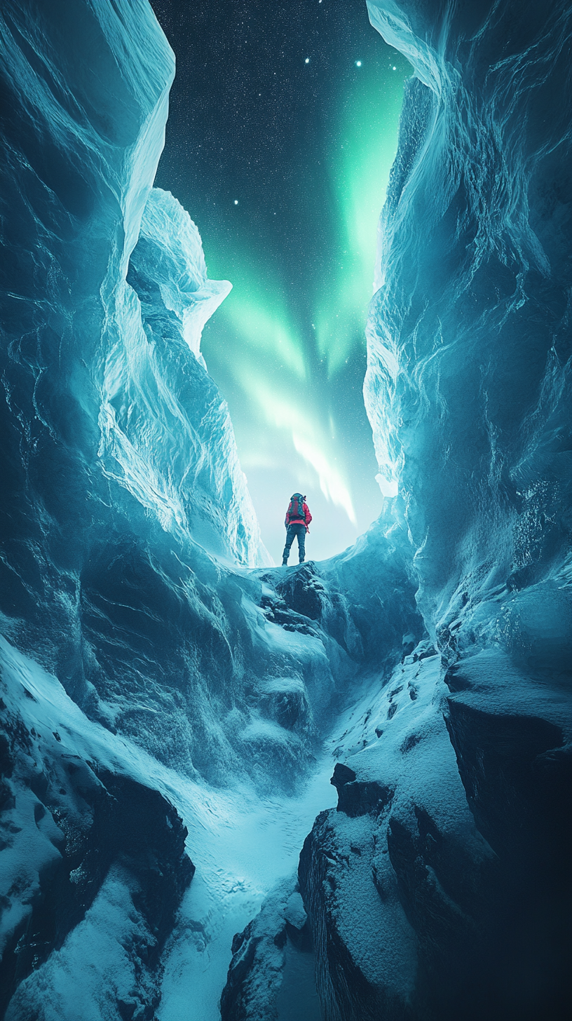 Glacier with ice formations, adventurer near crevasse under northern lights.