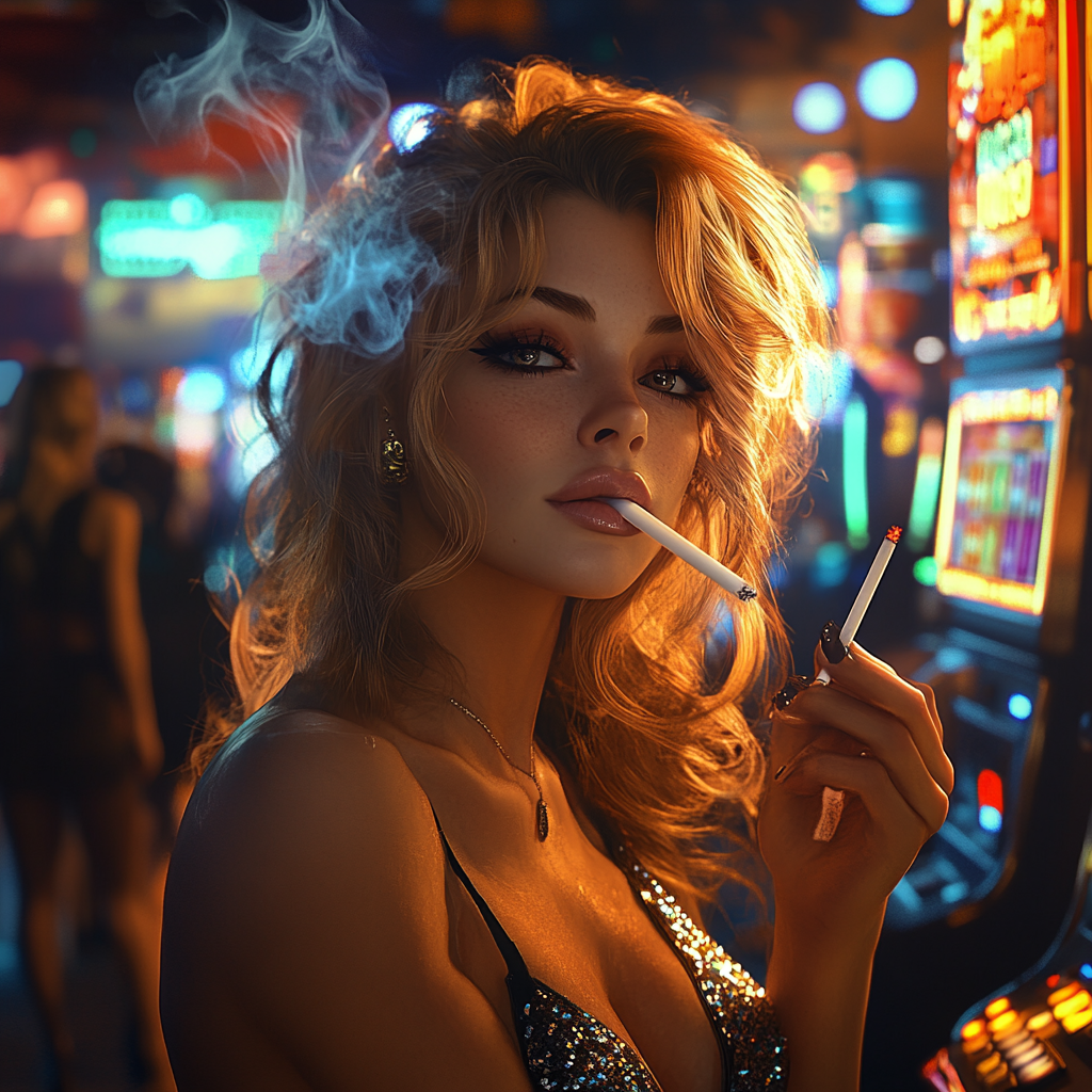 Glamorous 27-Year-Old Woman Smoking in Casino - 8K