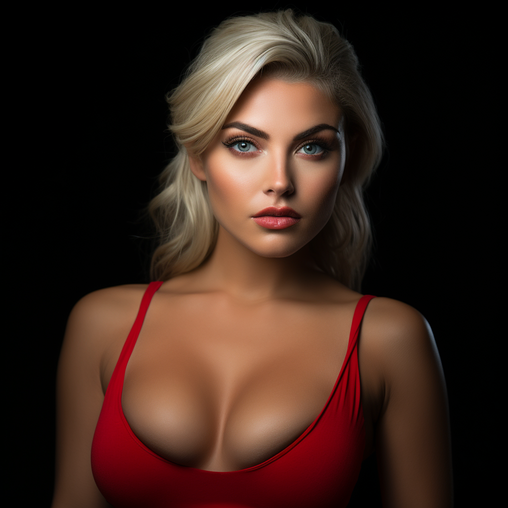 Glamorous Blonde Model in Red Top at Night