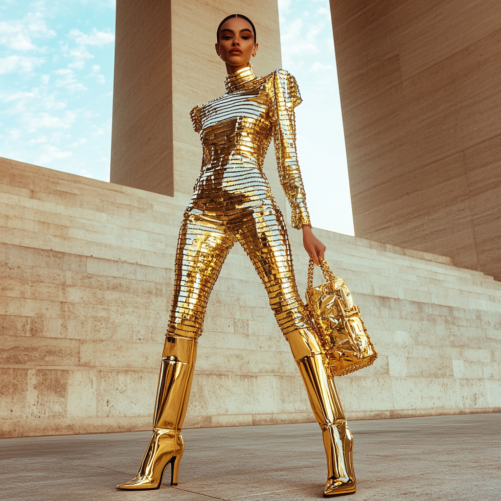 Glamorous Woman in Futuristic Golden Paco Rabanne Outfit