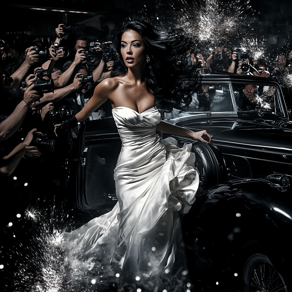 Glamorous brunette in white silk dress exiting classic car