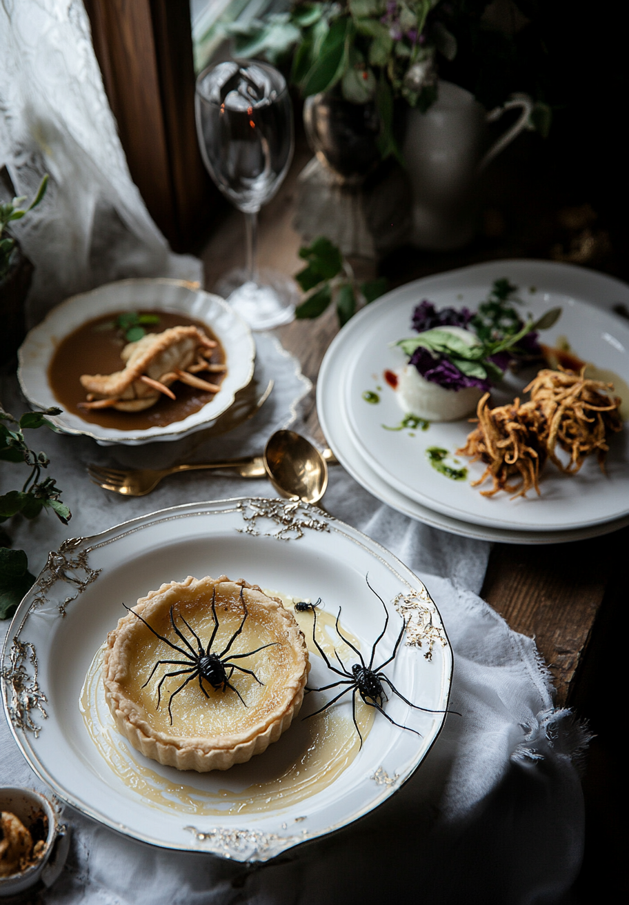 Glamorous restaurant table with spider pie and cockroaches.