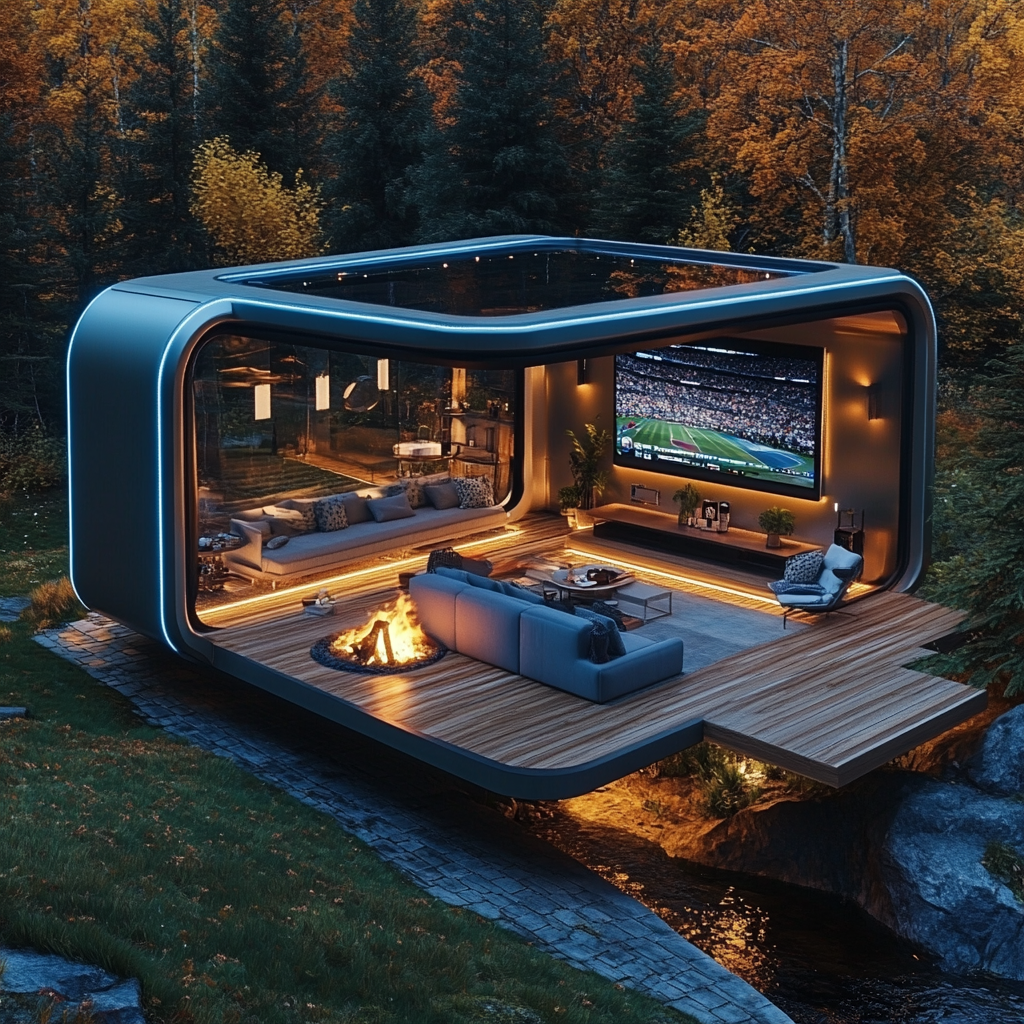 Glass and steel camper pods with Panthers-themed man cave.