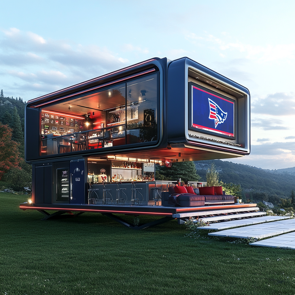 Glass and steel camper pods with trophies, Patriots theme.