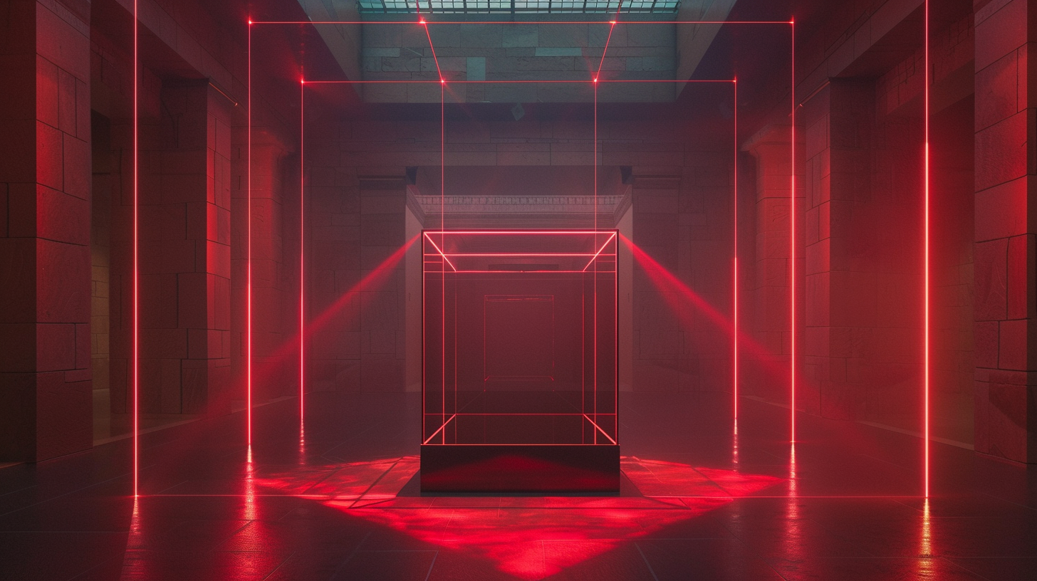 Glass box surrounded by red laser beams in museum.