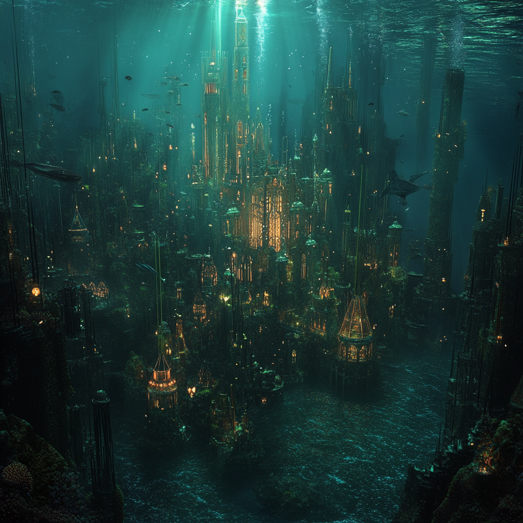 Glass city under sea, central castle made of coral.