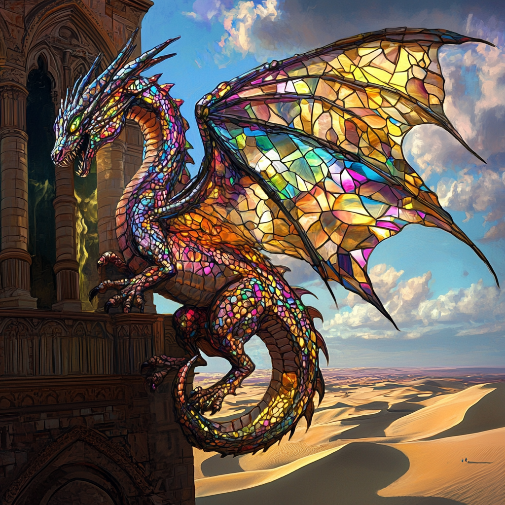 Glass dragon climbs church tower in fantasy art.