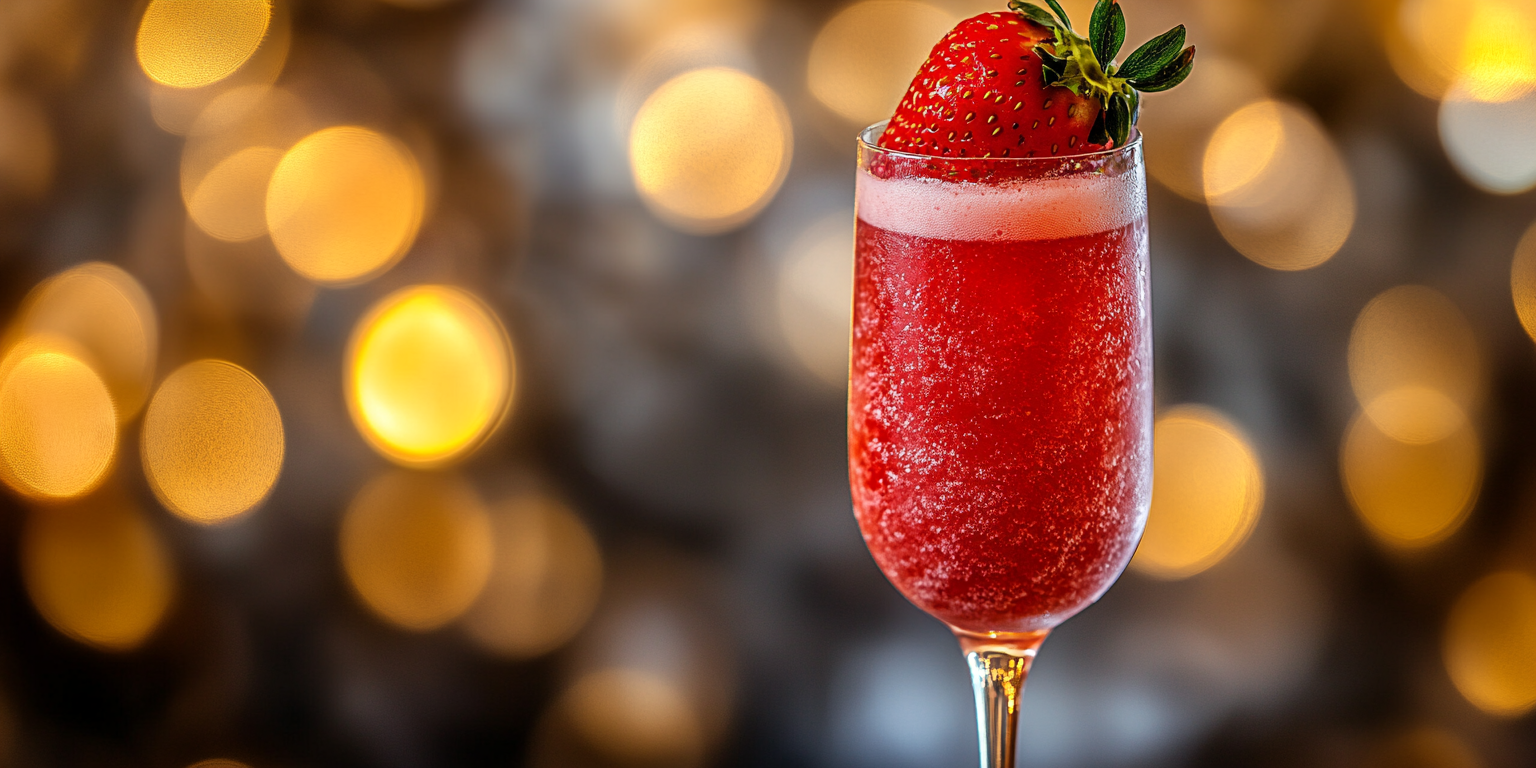 Glass of red cocktail with strawberry on ice.