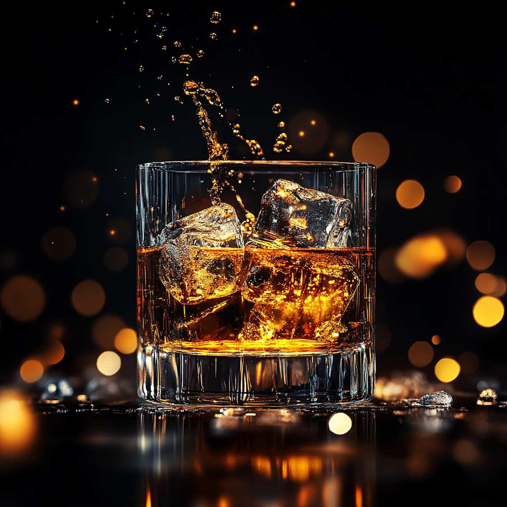 Glass of whiskey on ice with dynamic lighting effects.