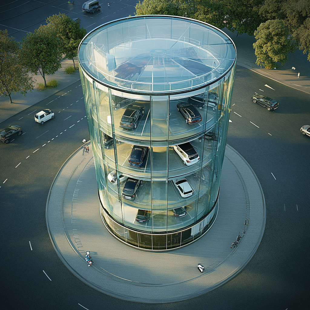 Glass parking house in roundabout in historical city, southern Europe.