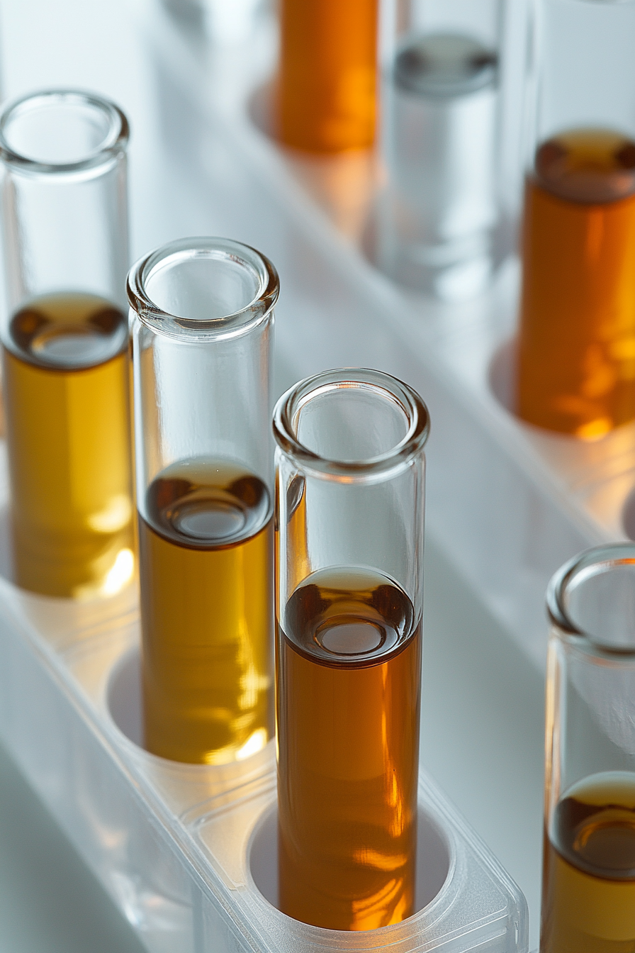 Glass vials with dark liquid and one orange bottle.