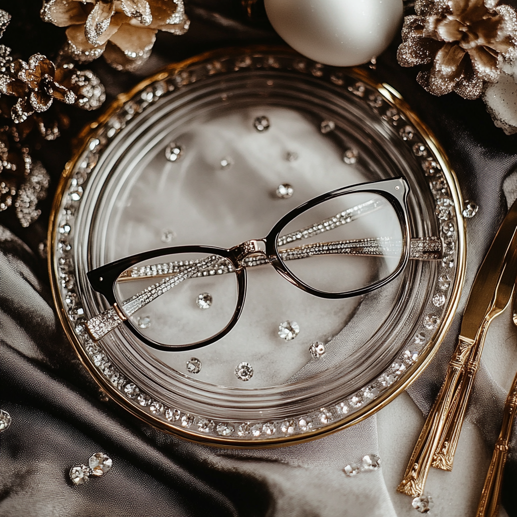 Glasses on silver table with rhinestones, minimal setting