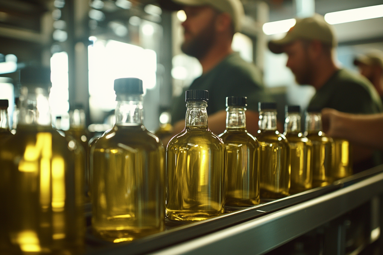 Gleaming olive oil bottling line with male workers