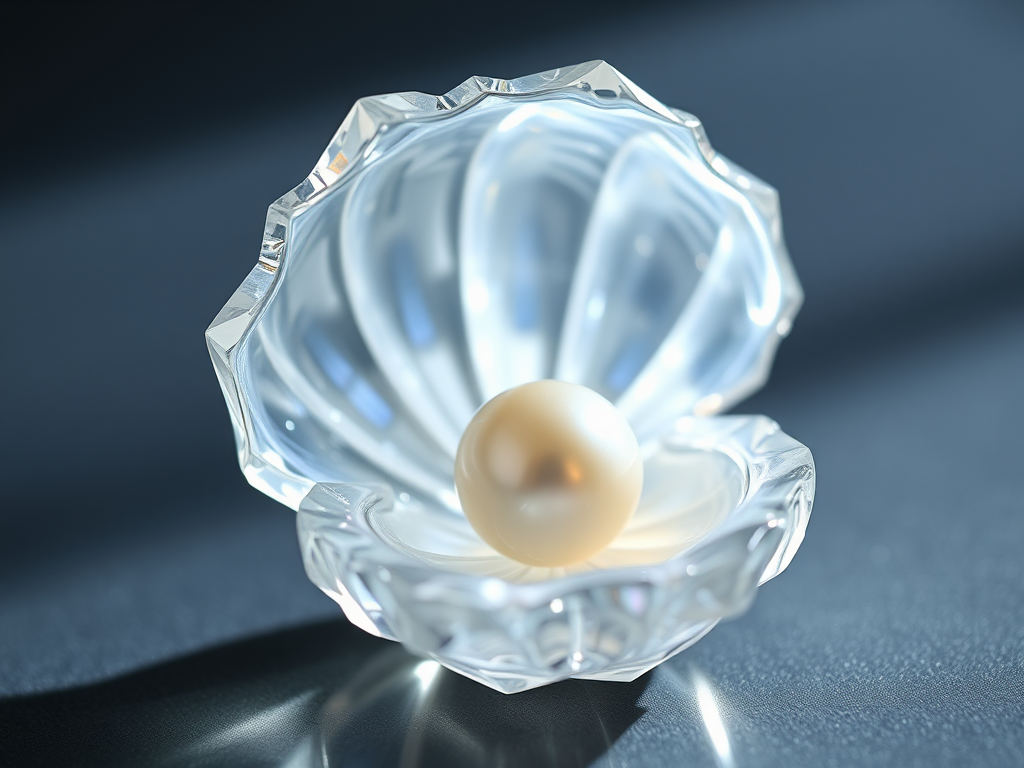 Glimmering pearl in crystal shell, surrounded by ethereal glow.