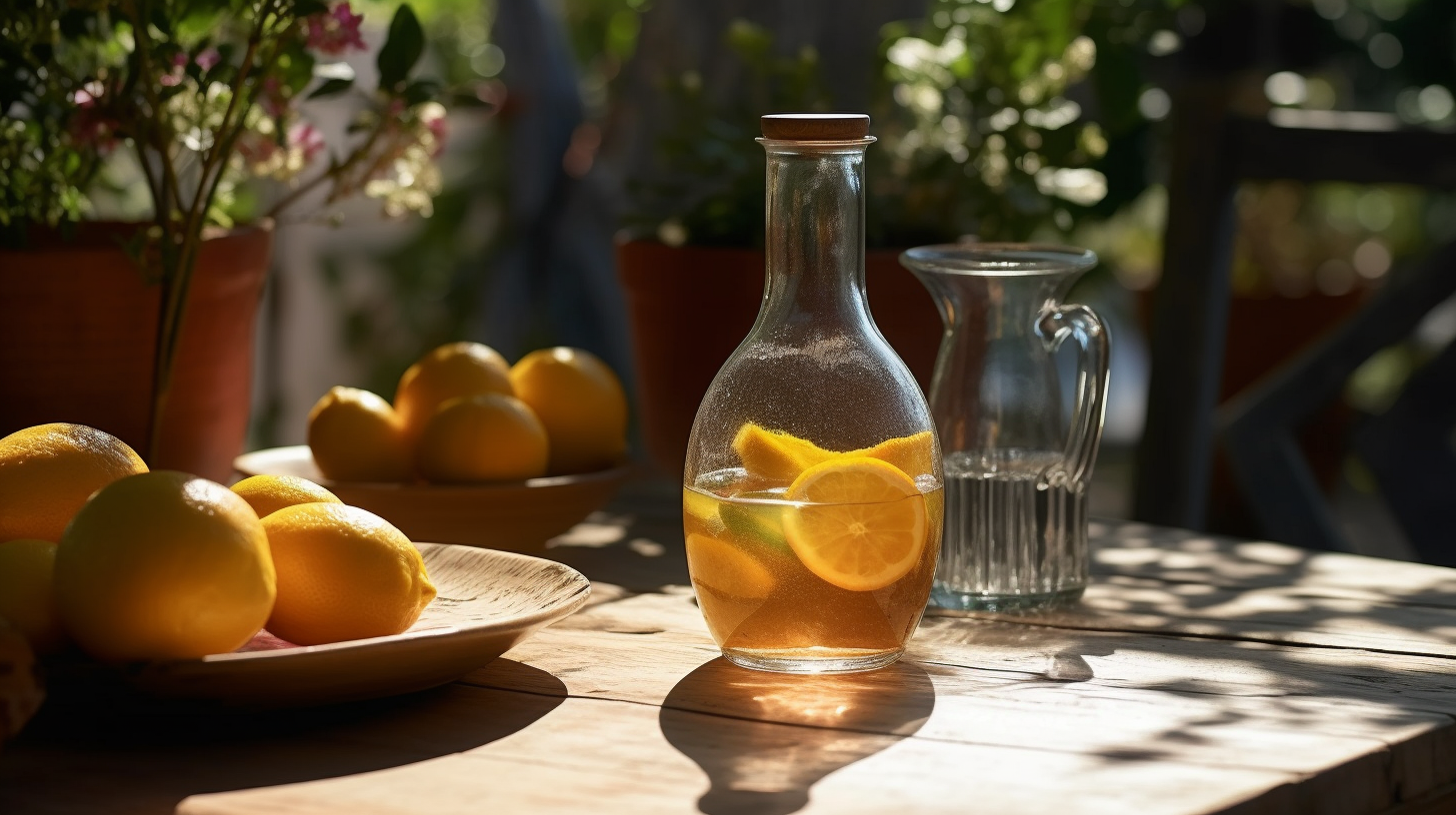 Glistening glass carafe on rustic garden table with fruits.