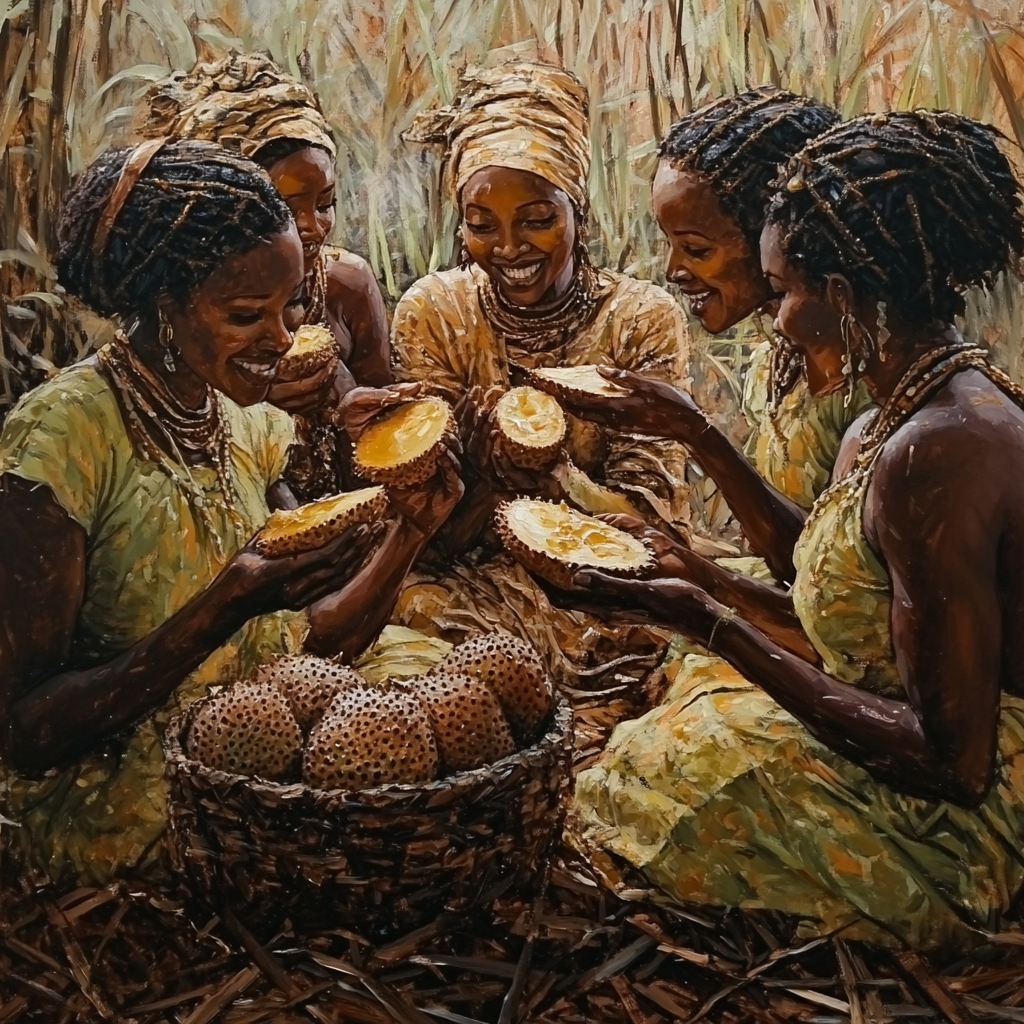 Glistening painting of ancient African women eating soursop fruit.