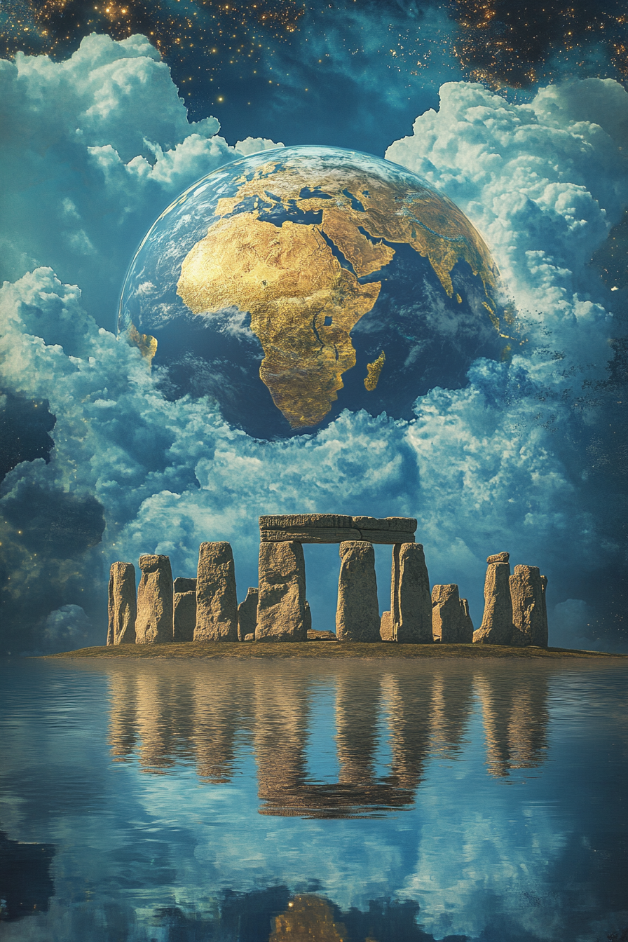 Globe, Stonehenge, blue clouds, gold trim, dreamy atmosphere, water.