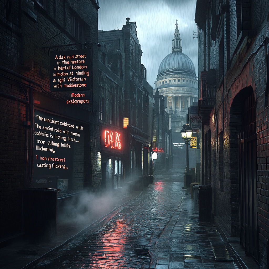 Gloomy London street with eerie symbols and dim lighting.