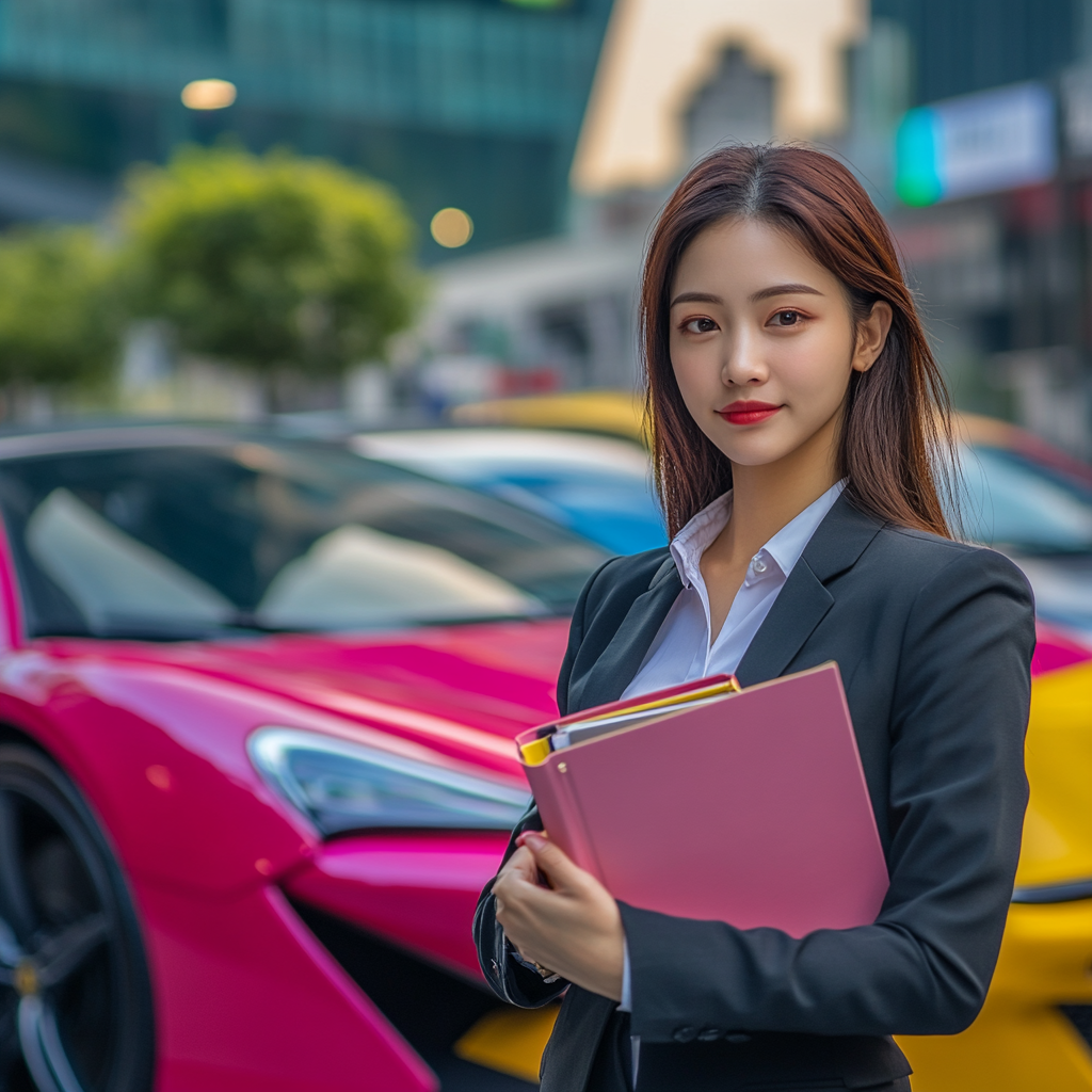 Glossy Supercar in Urban Business District with Salesperson