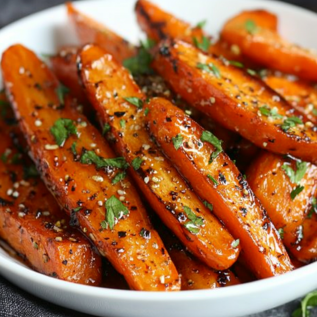 Glossy honey garlic carrots with herbs and seasoning