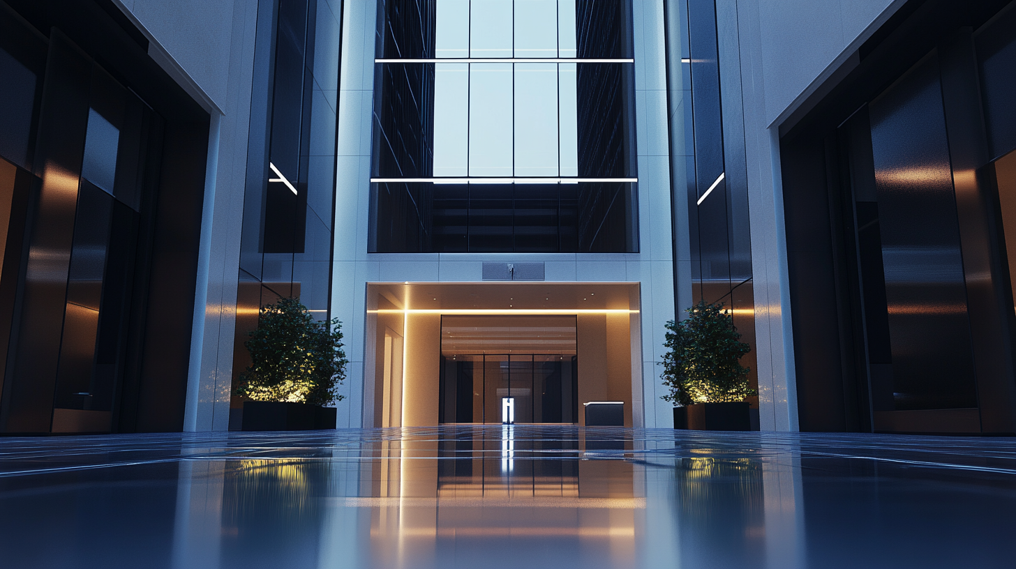 Glossy white building with high lobby at dawn