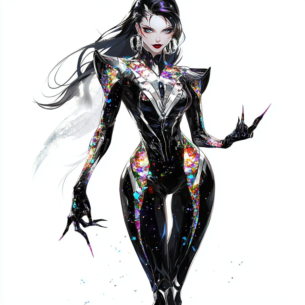 Glowing, colorful evil woman in expensive black suit dress.