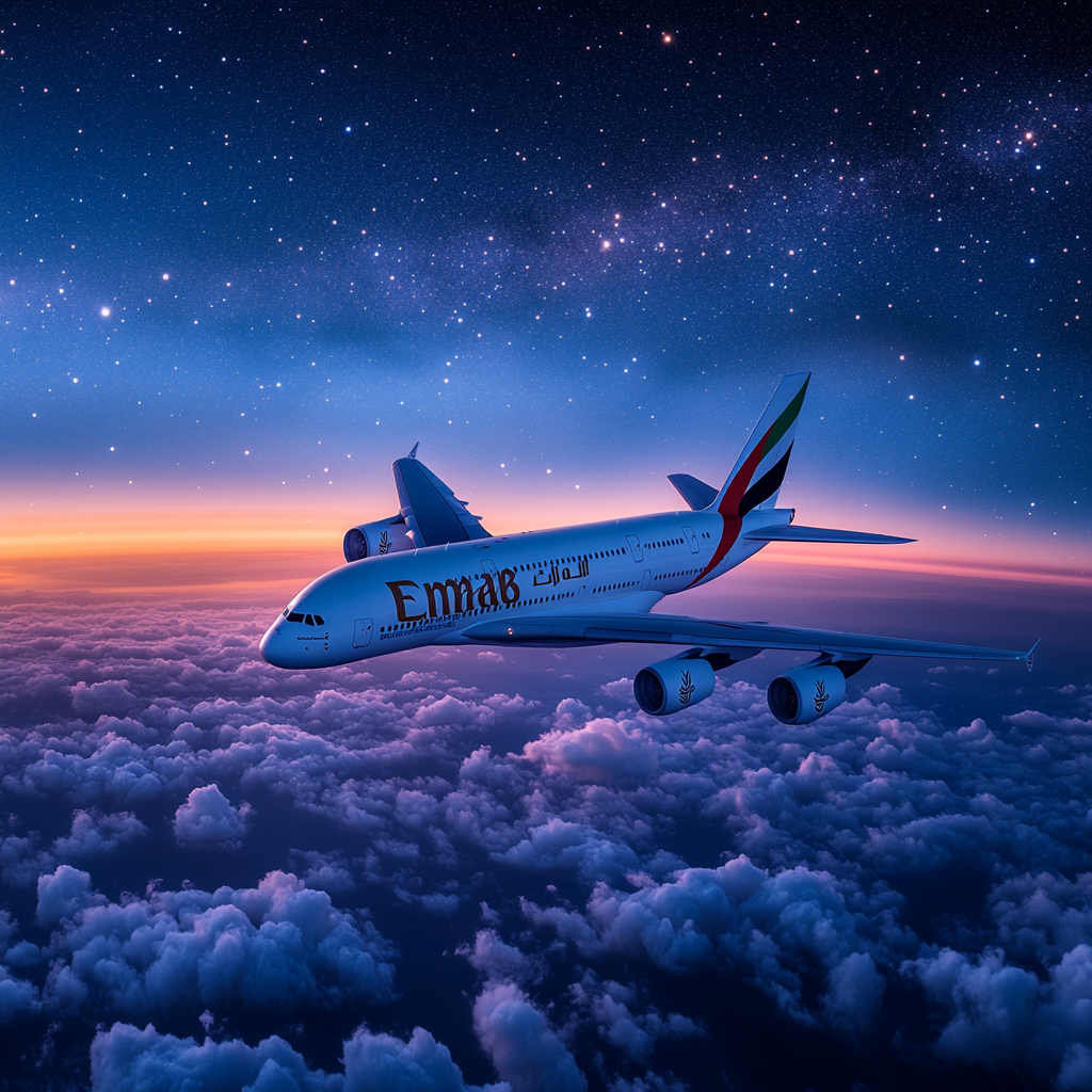 Glowing Emirates Plane Soaring Through Starry Night Sky