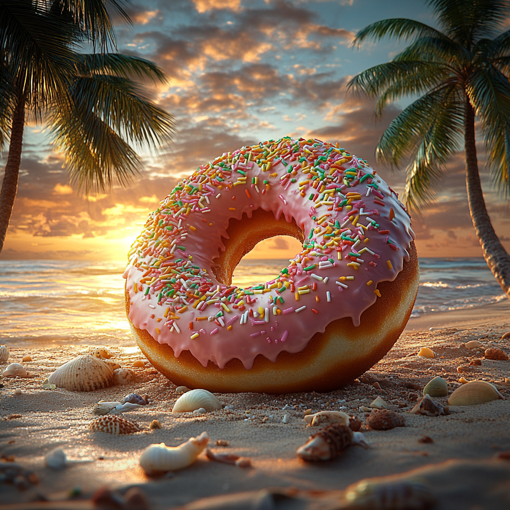 Glowing Jamaican Sunrise with Colorful Donut on Beach