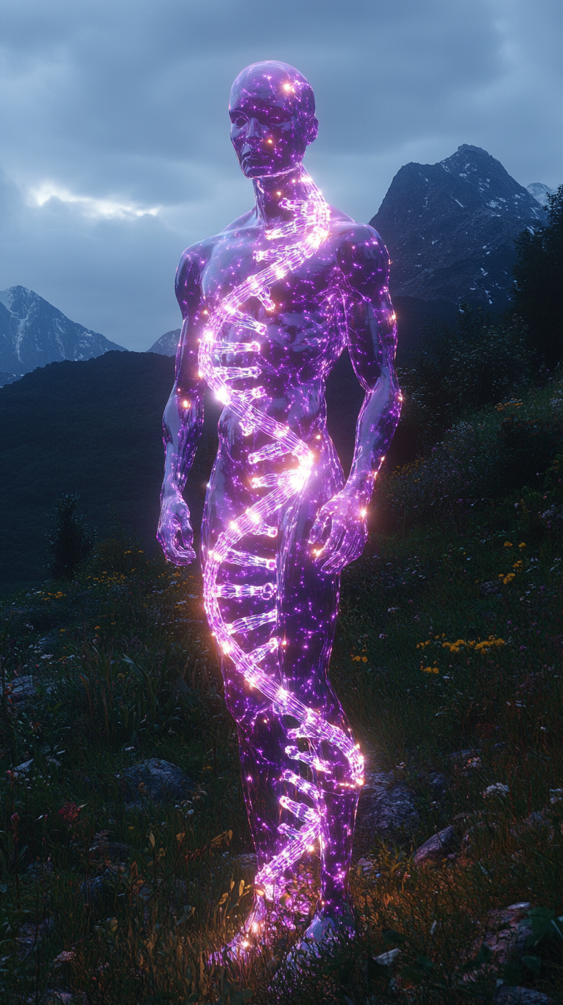 Glowing Purple Being Holds DNA in Mountain Valley