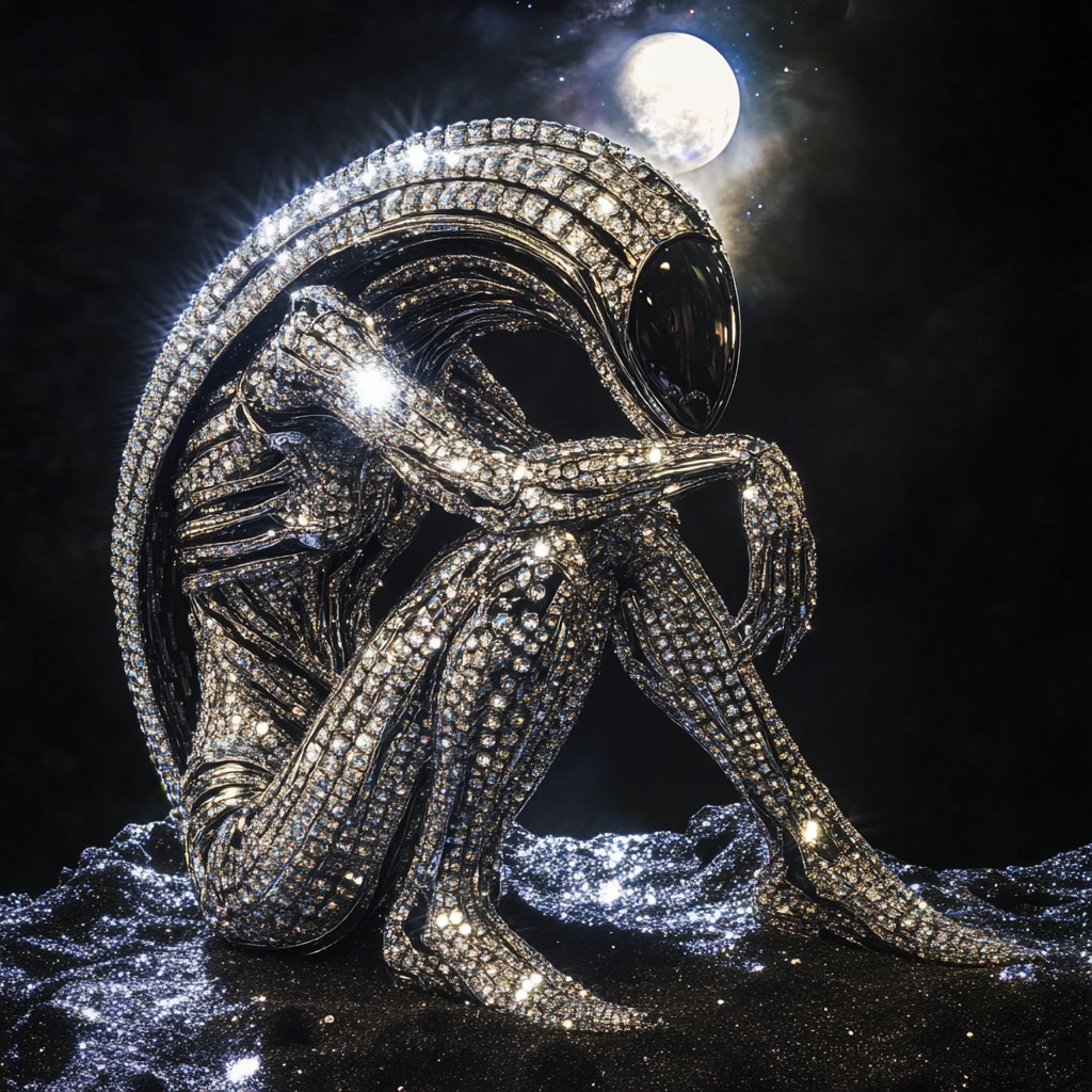 Glowing alien on diamond planet poses like model.