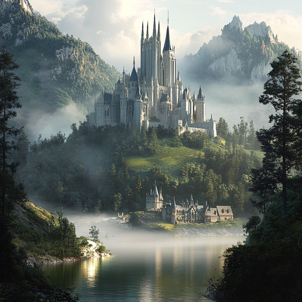 Glowing castle on hill, misty forest, serene lake.