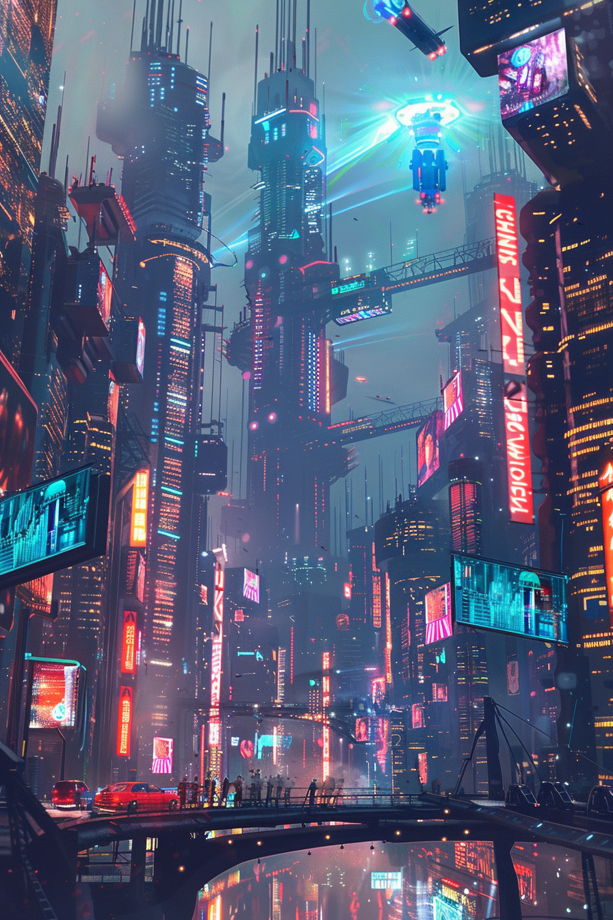 Glowing city with flying cars, holographic ads, metallic skyline.