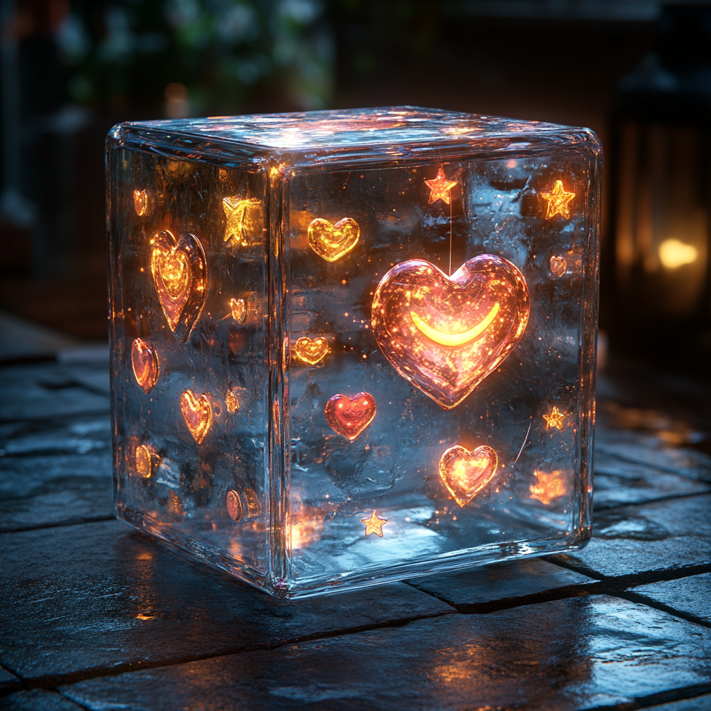 Glowing cube with emojis, radiating positivity