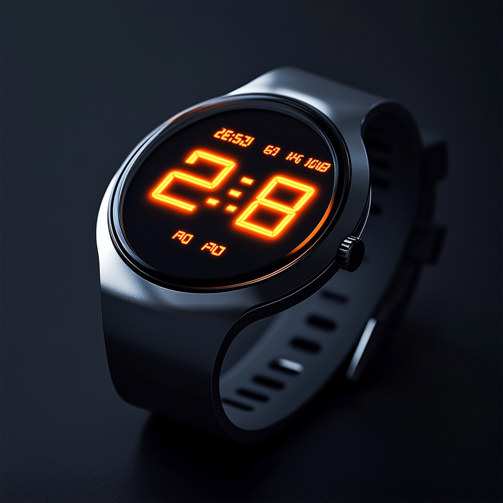 Glowing digital wristwatch with sharp numbers, stylish design.