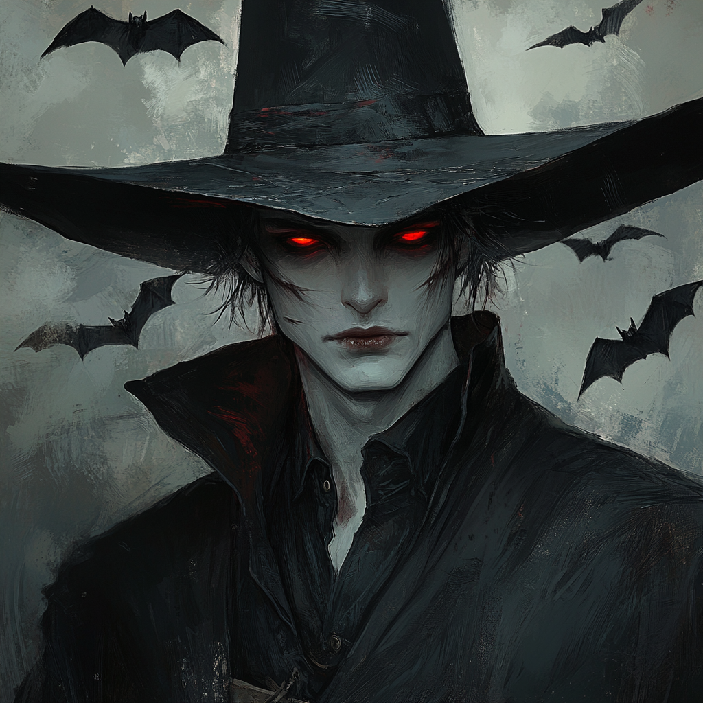 Glowing-eyed vampire with bats wearing lordly attire.