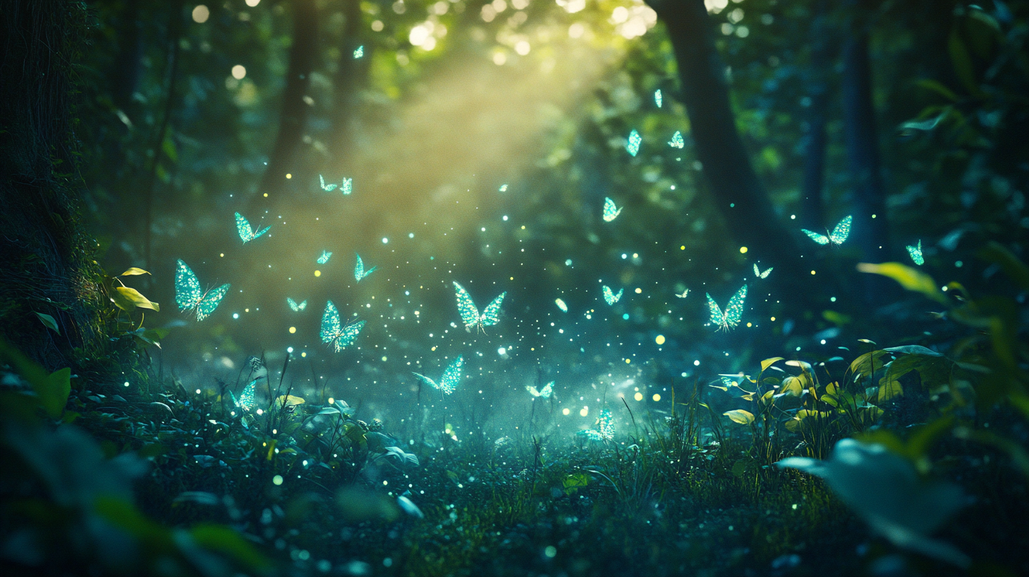 Glowing faerie insects flying through magical forest in light.