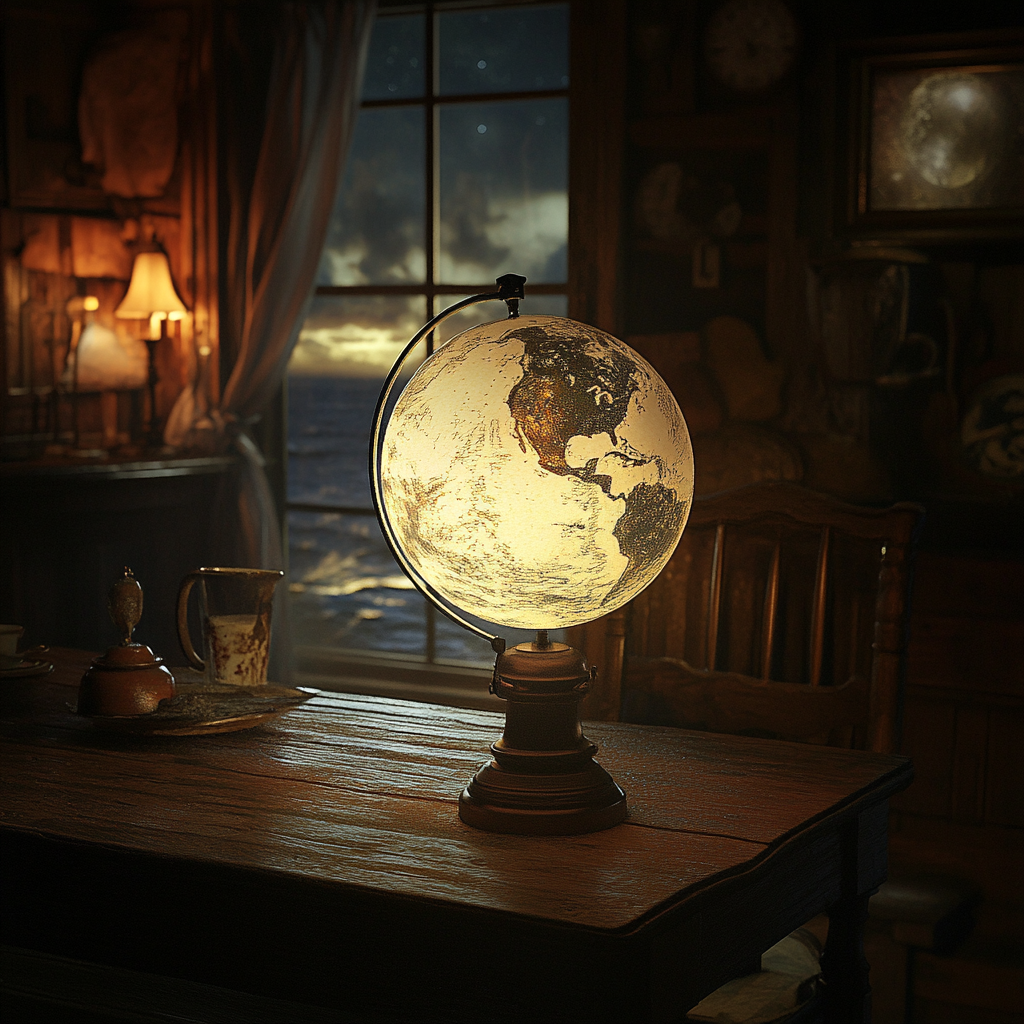 Glowing gaslight movie set with cozy seaside view.