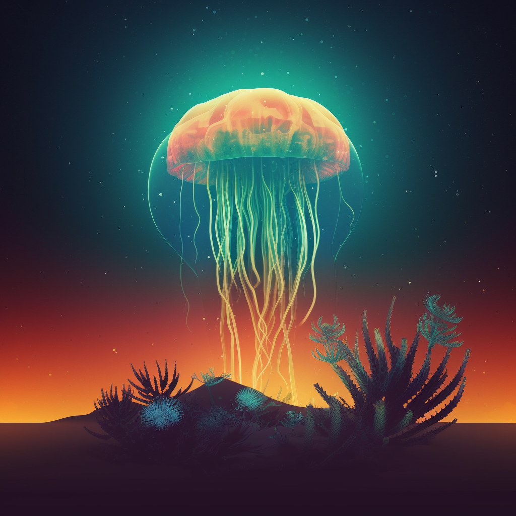 Glowing jellyfish light above African landscape