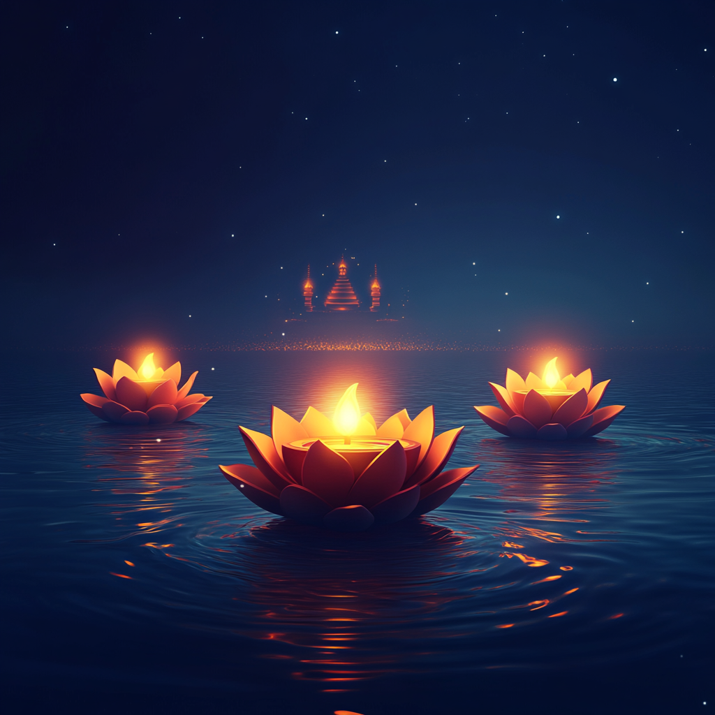 Glowing lotus diyas on serene night water scene